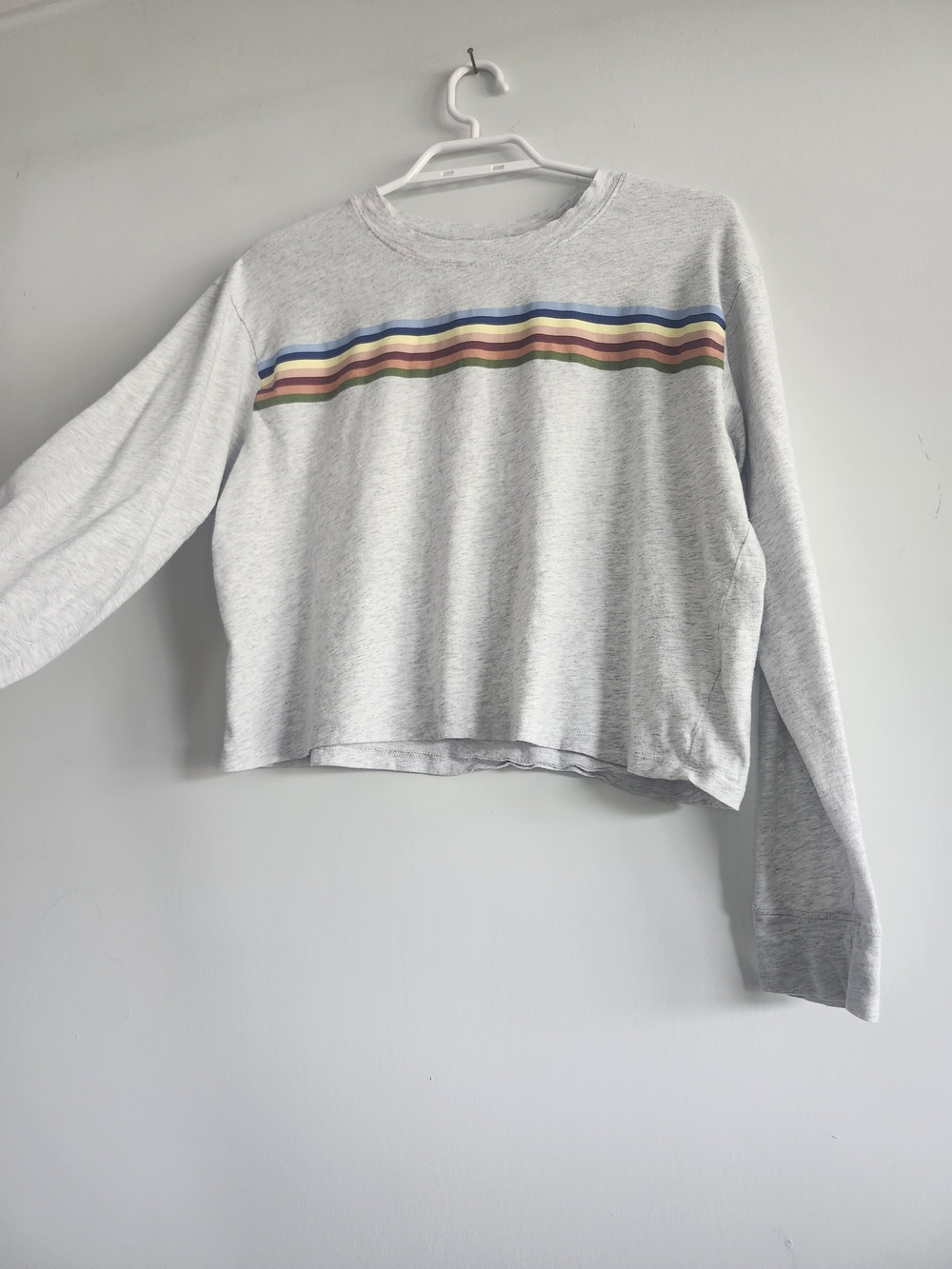 American Eagle Cropped Long Sleeve Tee | Grey Rainbow Stripe | Women's Pride
